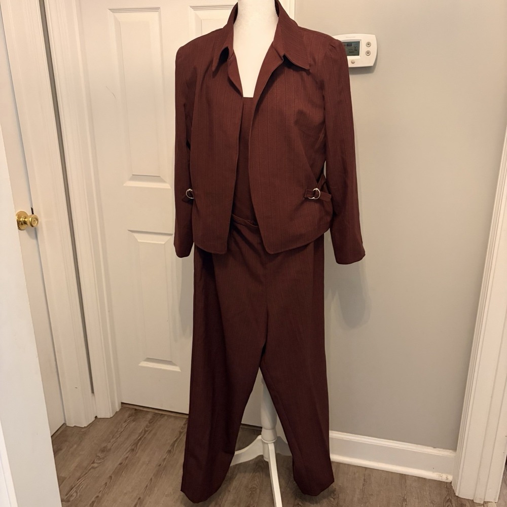 Vintage 80s NOS Petite Perceptions‎ 3 Piece Pant Suit Maroon 16P Cinch Blazer